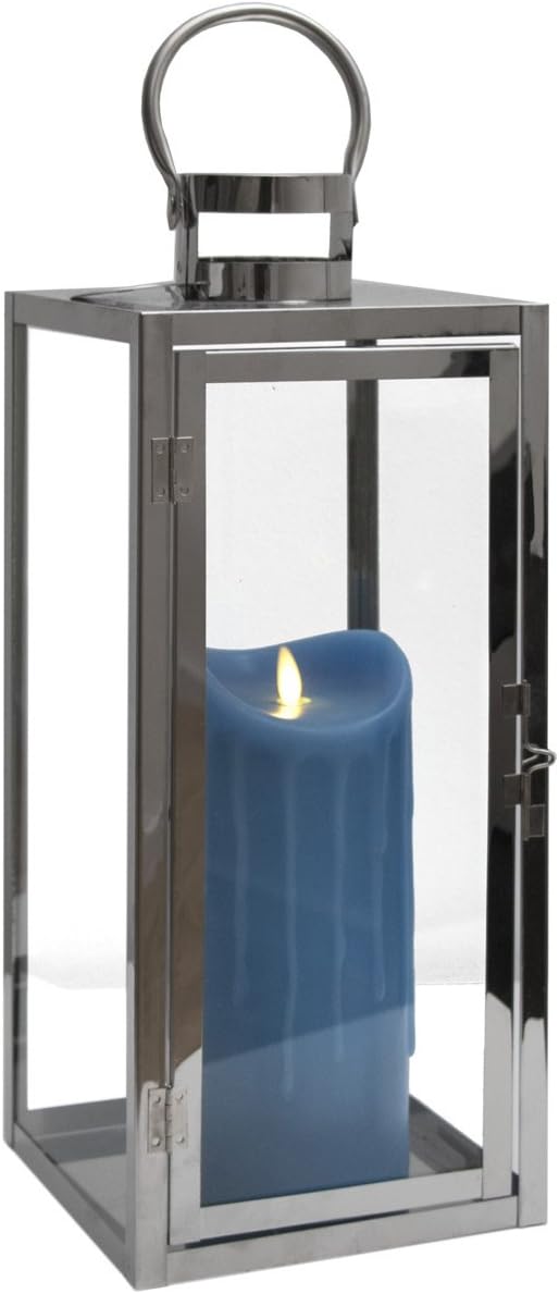 Dekovita 50cm Edelstahl-Laterne - Gartenlaterne inkl. 23cm LED Echtwachskerze Blau Wachstropfen mit
