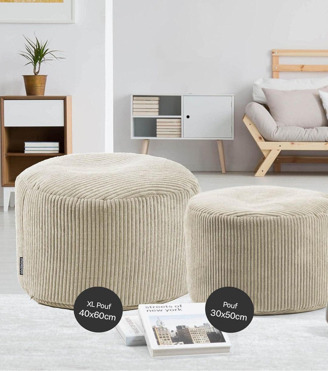 mokebo® Pouf, Hocker o. Sitzhocker aus Cord 40x60 cm 'Der Faule Lenz', Bodenkissen rund in Beige, Fu