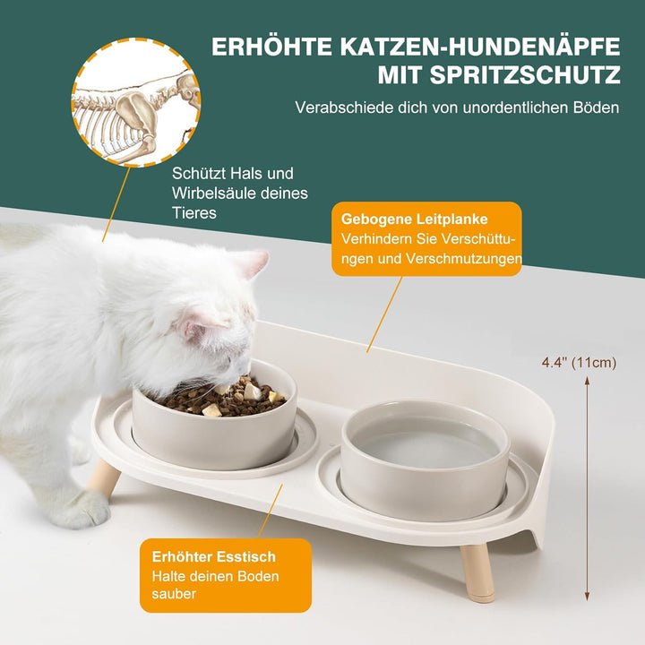 Katzen Napfset Katzennapf Erhöht Keramik - Doppelt Katzennäpfe mit Rutschfestem Ständer und Spritzsc