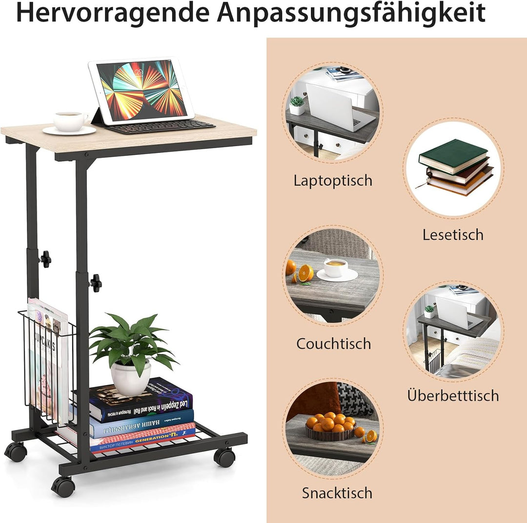 COSTWAY Beistelltisch mit Rollen, Laptoptisch höhenverstellbar, mit Aufbewahrungskorb, Sofatisch C-F