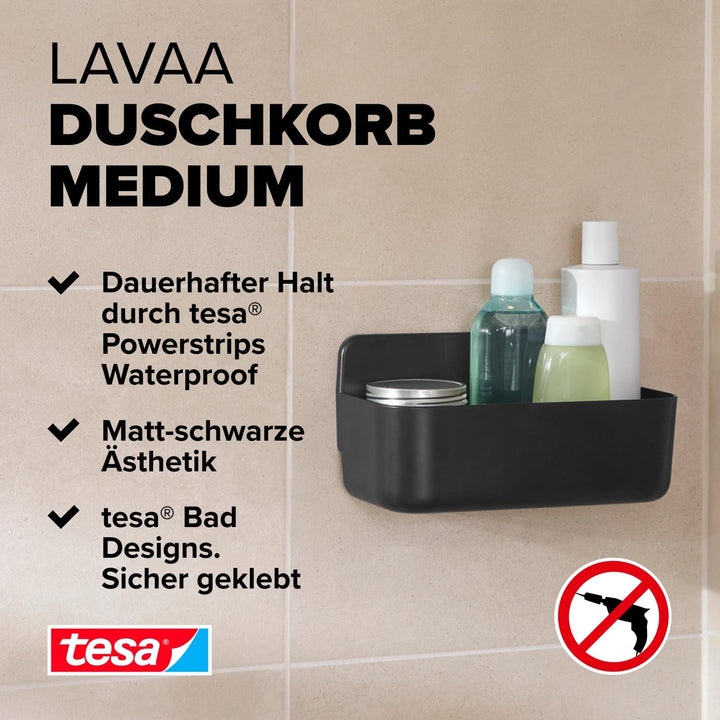 tesa Lavaa Duschkorb M, schwarz matt - Duschablage zur Wandmontage ohne Bohren, inkl. tesa Powerstri