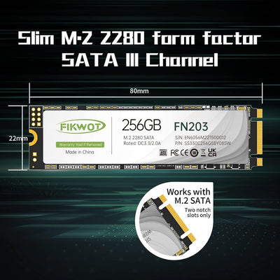 Fikwot FN203 256GB M.2 SATA SSD - SLC Cache 3D NAND TLC SATA III 6Gb/s M.2 2280 NGFF Internal Solid