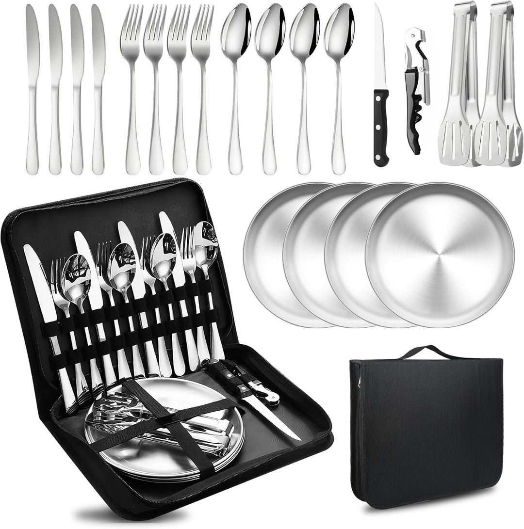 Camping Besteckset 4 Person, 20 PCS Picknick-Teller und Utensilien-Set, Tragbares Geschirr, Edelstah