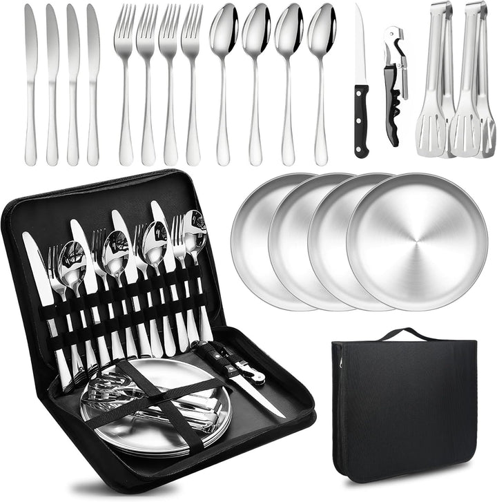 Camping Besteckset 4 Person, 20 PCS Picknick-Teller und Utensilien-Set, Tragbares Geschirr, Edelstah