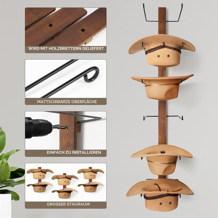 TIPSYTREE Kappenhalter, Cap Halter Tür Hut Racks, 6 Stücke Hut Rack für Cowboyhüte mit Holzbrett, Me