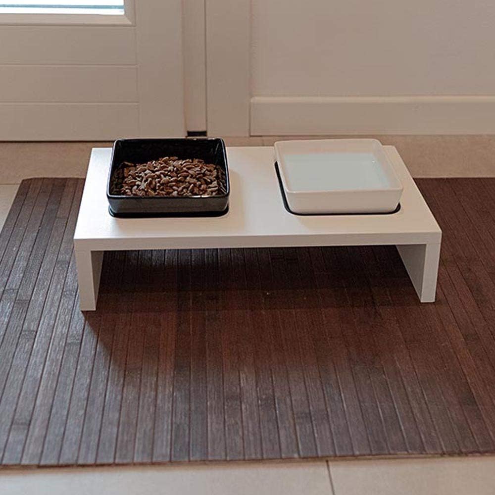 Ferplast Futterschalen für Hunde und Katzen MAKI 01, Rutschfeste Holzständer, 2 Keramikschalen à 0,5