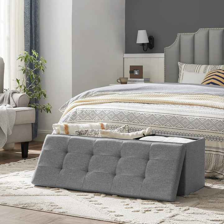 SONGMICS 110 cm Sitzbank mit Stauraum, 2er Set, klappbare Sitztruhe, Aufbewahrungsbox, Fussbank, hel