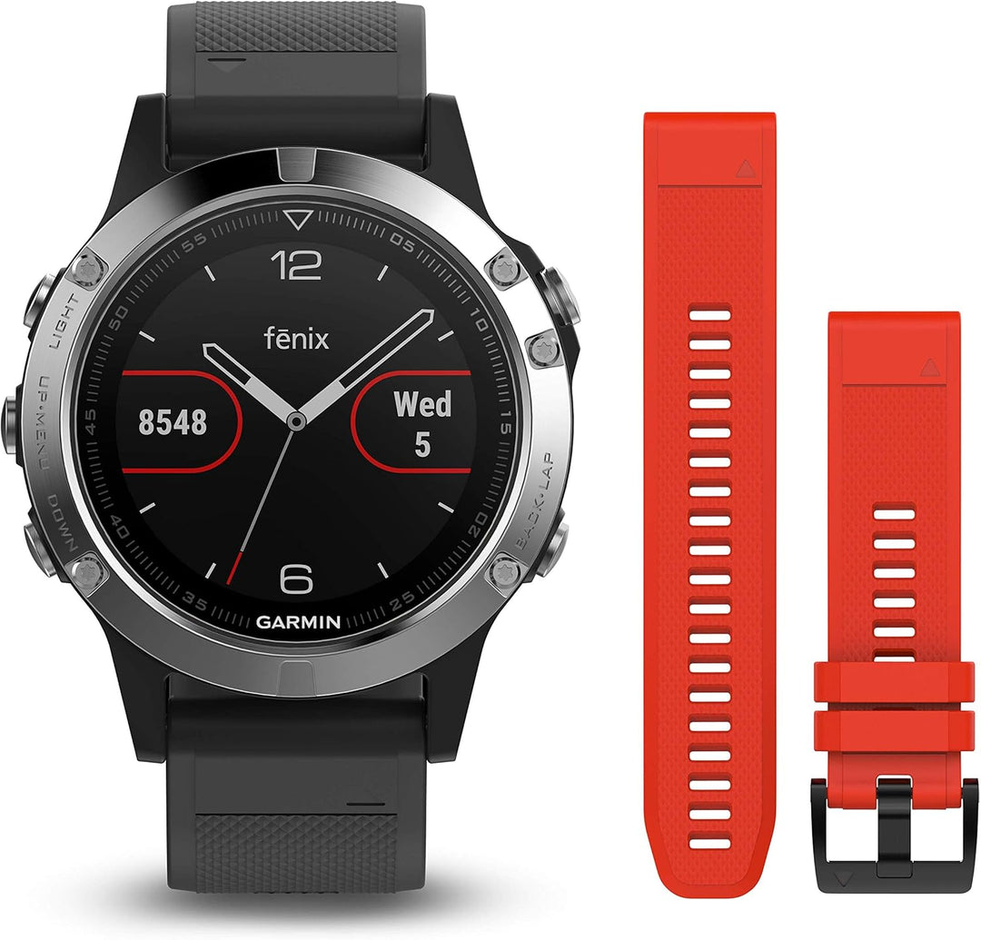 Garmin Fenix 5 - Multisport watch with HR and GPS, 47 mm, Silver pack 2 straps (Black and red)