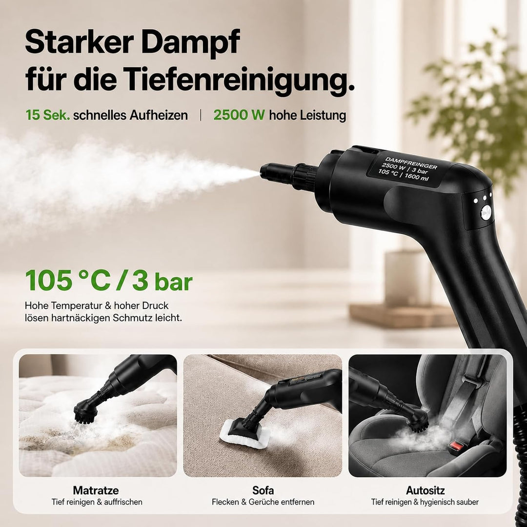 Dampfreiniger Handgerät, 2500W Handdampfreiniger mit 1,6-Liter-Wassertank, 15 Sekunden Aufheizzeit,