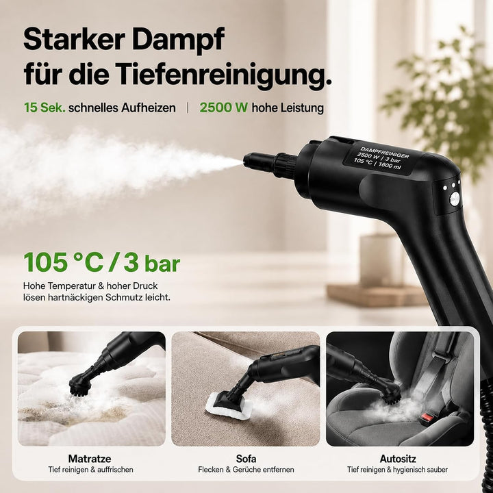 Dampfreiniger Handgerät, 2500W Handdampfreiniger mit 1,6-Liter-Wassertank, 15 Sekunden Aufheizzeit,