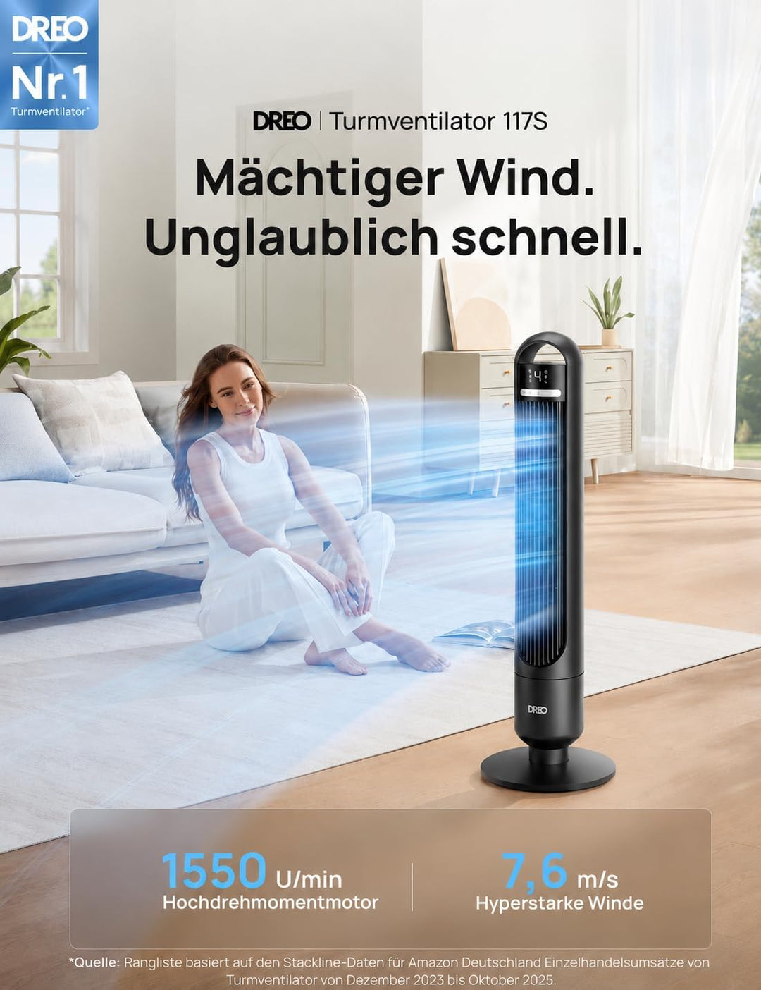 DREO Smart Turmventilator fürs Schlafzimmer, leiser Standventilator mit 28 dB, Luftreichweite bis 8,
