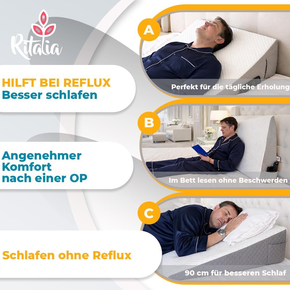Ritalia® REFLUXKISSEN Erwachsene 90x65x20 cm zur MATRATZENERHÖHUNG mit Gel-Schaum | LESEKISSEN Bett