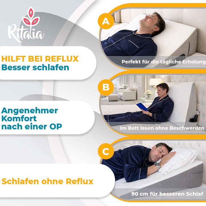 Ritalia® REFLUXKISSEN Erwachsene 90x65x20 cm zur MATRATZENERHÖHUNG mit Gel-Schaum | LESEKISSEN Bett