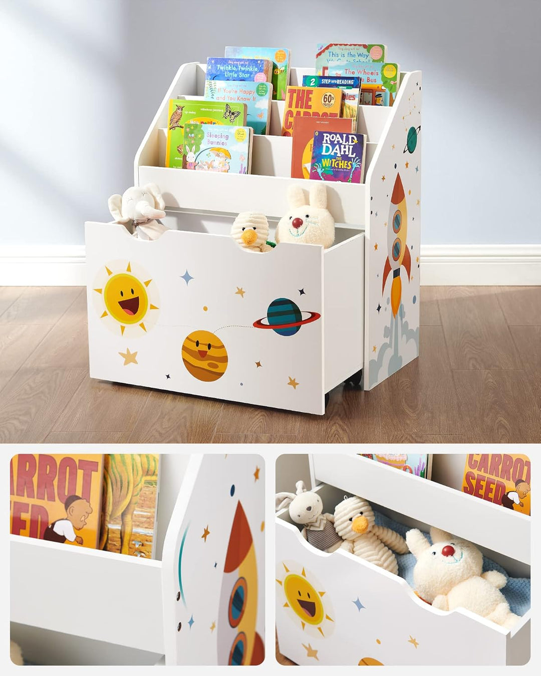 SONGMICS Spielzeugregal, Bücherregal für Kinder, Kinderzimmerregal mit 3 Fächern und herausziehbarer