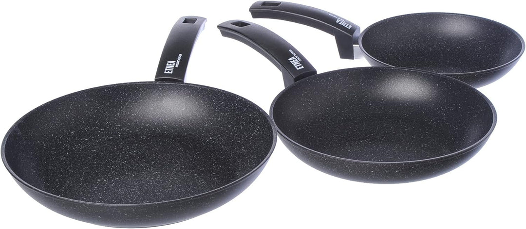 Moneta Etnea Bratpfannen Set 20-24-28, Aluminum, Schwarz - Stein Optik, 28 cm/46 x 29 x 15 cm, Bratp