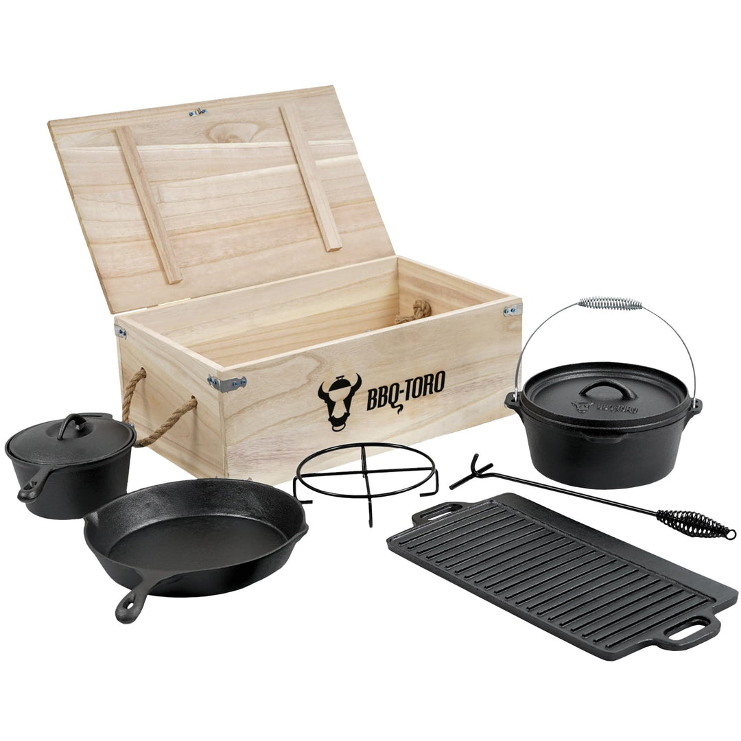 BBQ-Toro Dutch Oven Set in Holzkiste und mehr | Gusseisen - bereits eingebrannt (7-teilig), 7-teilig