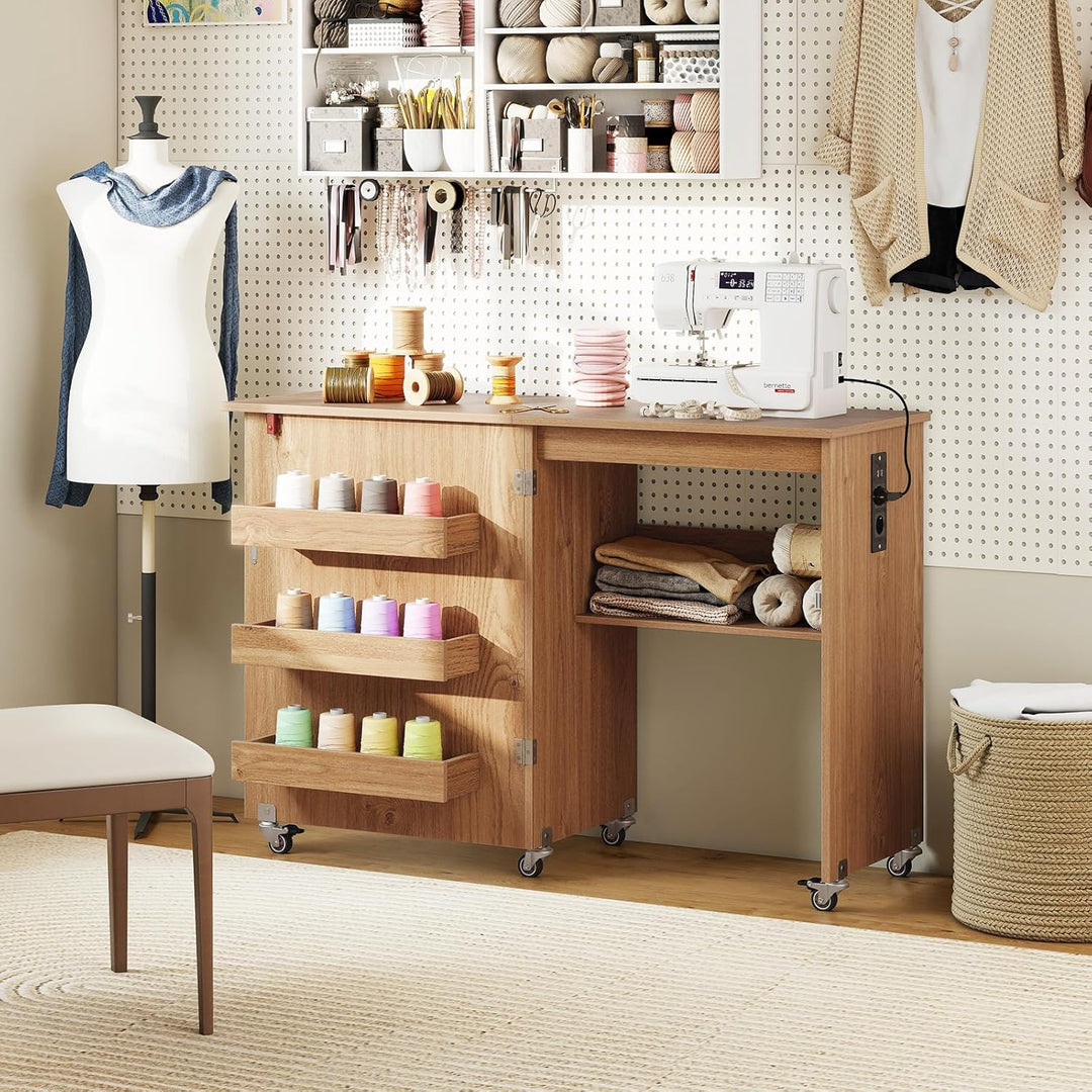 COSTWAY 2 in 1 Nähtisch klappbar mit Ladestation, Nähmaschinenschrank aus Holz mit Regalen, Nähschra
