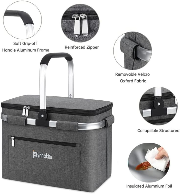 Pynhoklm®30L Einkaufskorb mit Kühlfunktion Tragekorb Faltbar Picknickkorb mit Deckel Klappkorb Therm