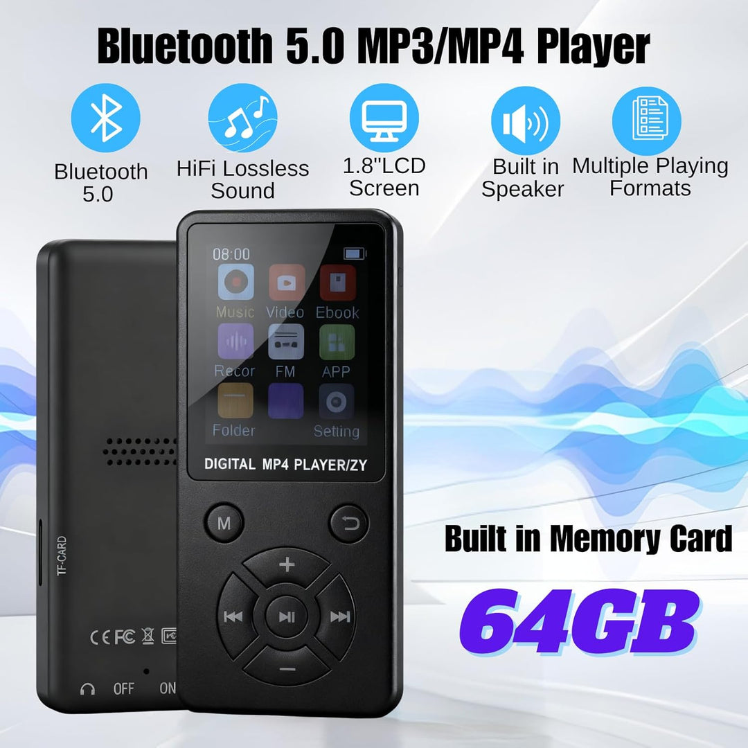 MP3-Player/MP4-Player 64GB Bluetooth 5.0 HiFi MP3 Musik-Player, 1,8-Zoll-LCD-Bildschirm Musikplayer