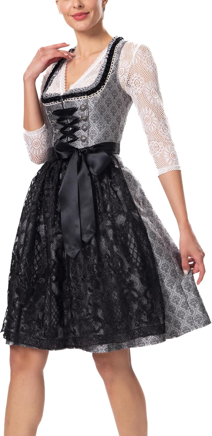 Dirndlparty Dirndl Schwarz Trachtenkleid Dirndl Damen Midi mit Spitzenschürze, 60cm Knielang Dunkel
