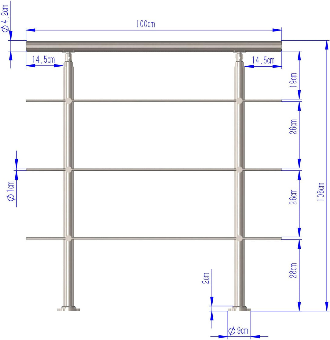 CAVATINY Edelstahl Handlauf Geländer für Treppen Brüstung Balkon mit 3 Querstreben - Innen und Ausse