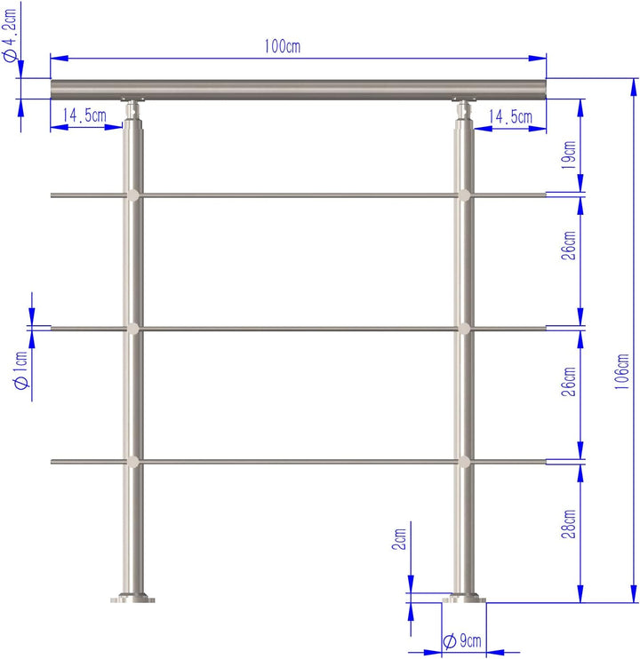 CAVATINY Edelstahl Handlauf Geländer für Treppen Brüstung Balkon mit 3 Querstreben - Innen und Ausse