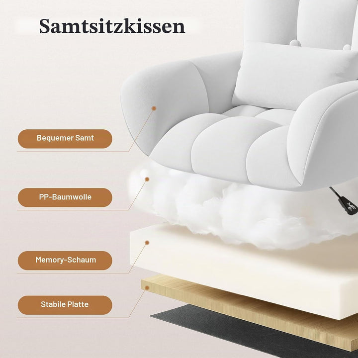 Bürostuhl Samt mit Kissen Schminktischstuhl Weiss | Höhenverstellbar,360°Drehfunktion, bis 150kg,Sam