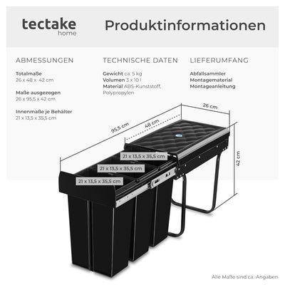 tectake® Abfallsammler, Mülleimer 3 Fächer, Mülltrennsystem Küche, für Schrank, Mülleimer Küche ausz