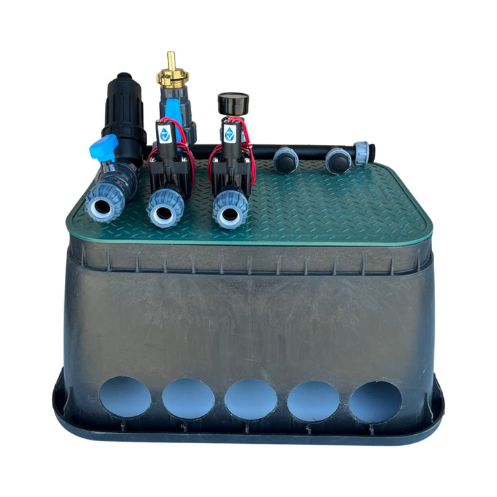 Kopfstation mit 2, 3 oder 4 Hunter PGV Magnetventilen + vorgebohrter Ventilbox, Grösse der Klemmkupp