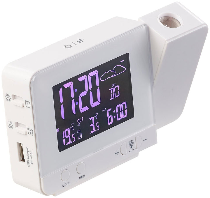 infactory Uhr mit Projektion: Funk-Wetterstation mit Projektions-Wecker, Aussensensor und USB, weiss