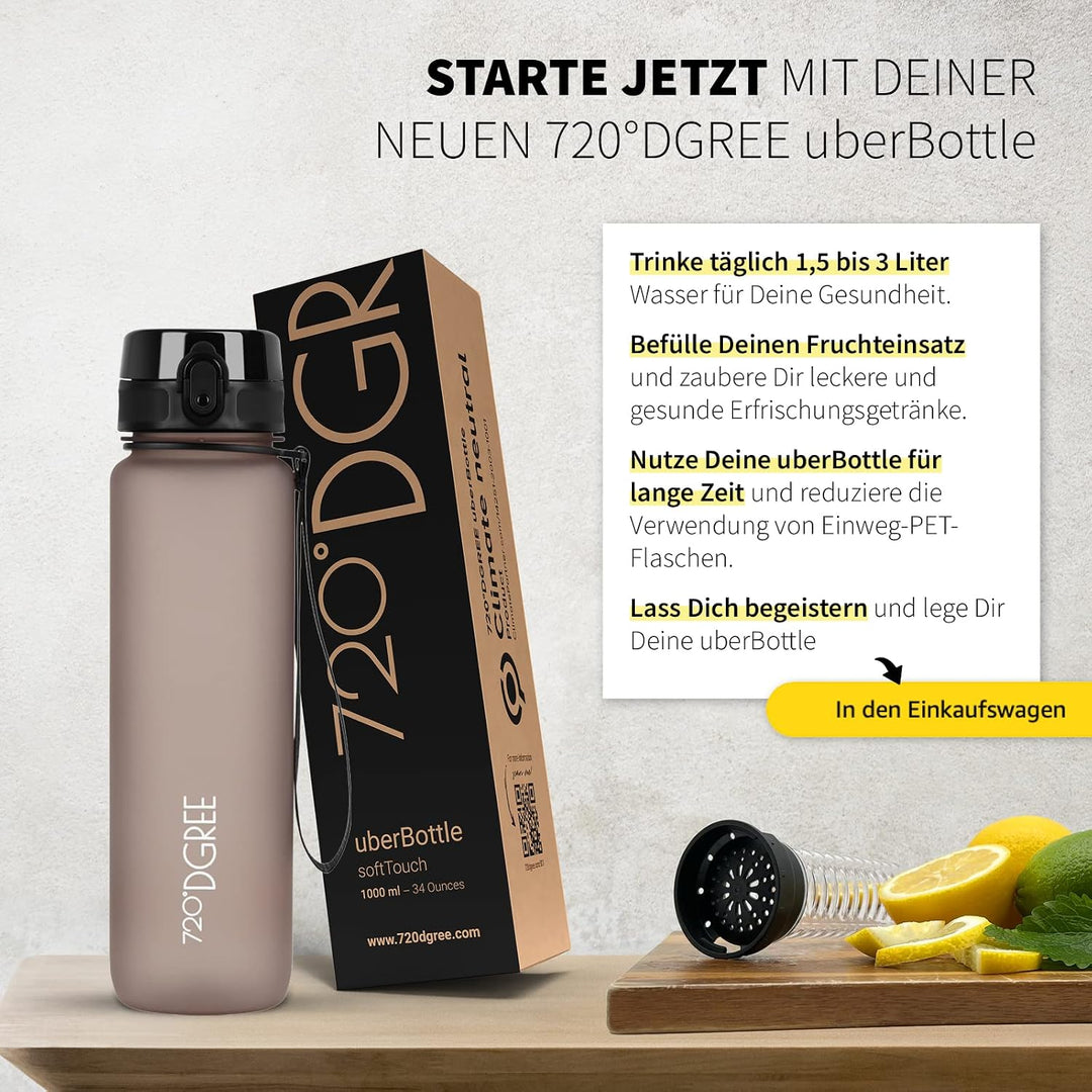 720°DGREE Trinkflasche “uberBottle“ 350ml, 500ml, 650ml, 1l, 1,5 Liter softTouch +Früchtebehälter -