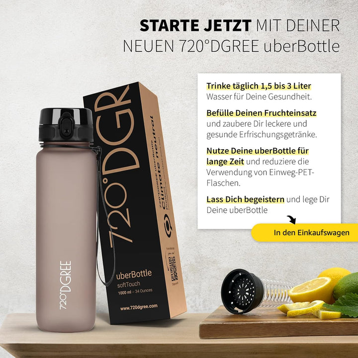 720°DGREE Trinkflasche “uberBottle“ 350ml, 500ml, 650ml, 1l, 1,5 Liter softTouch +Früchtebehälter -