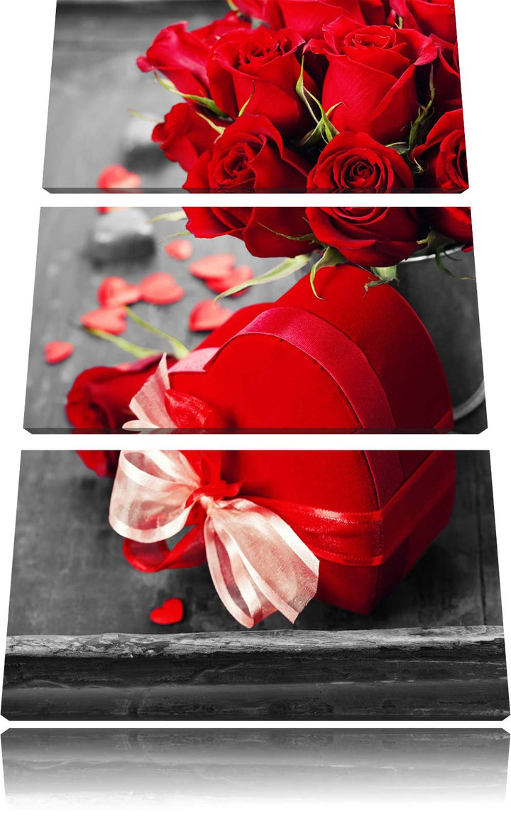 Valentinstag Rosen & Herz schwarz/weiss 3-Teiler Leinwandbild 120x80 Bild auf Leinwand, XXL riesige