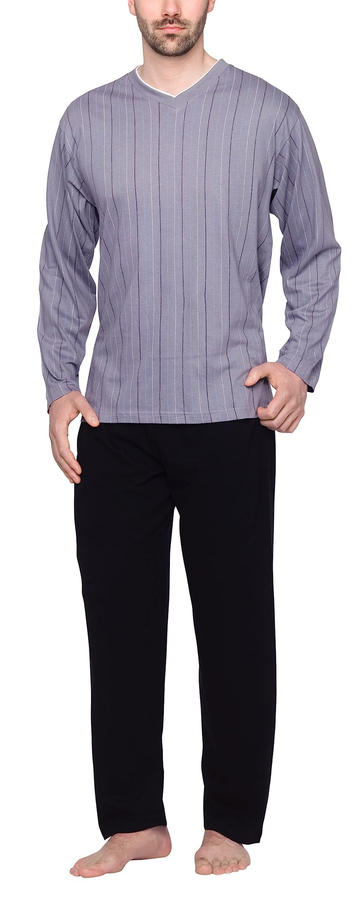 Moonline - Herren Schlafanzug lang aus 100% Baumwolle mit V-Ausschnitt und Streifen-Design M Streife