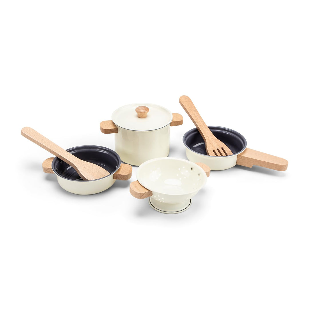 Woet® Cremeweisses Metall Topf und Pfannenset für Kinder - 7 Teile mit Holzgriffen - Rollenspiel für
