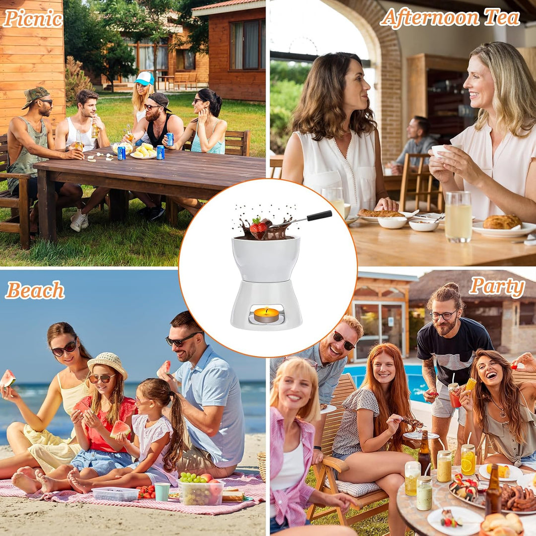 2 Stück Keramik Schokoladenfondue Set mit 8 Gabeln, Reines Weisses Porzellan-Schmelztopf für Schokol