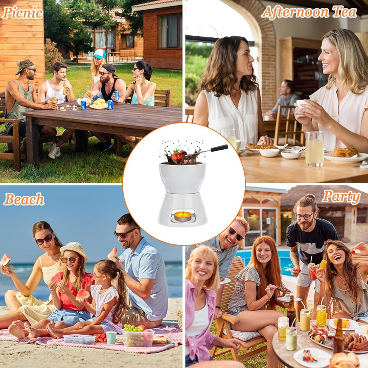 2 Stück Keramik Schokoladenfondue Set mit 8 Gabeln, Reines Weisses Porzellan-Schmelztopf für Schokol