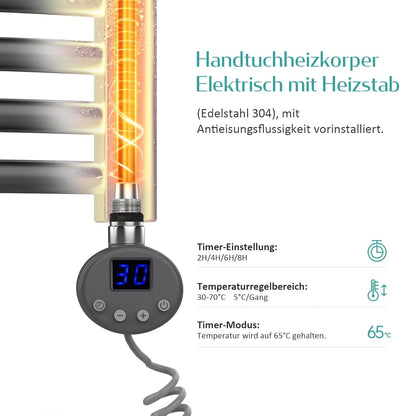 EMKE Handtuchheizkörper Elektrisch 1200x400 mm, Gebogen Badheizkörper Handtuchhalter Seitenanschluss