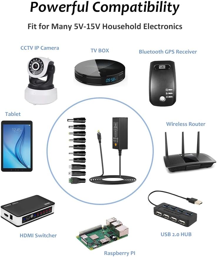 Zolt 45W Universal Netzteil AC zu DC 5V 6V 7.5V 9V 12V 13.5V 15V 3A Schaltnetzteil mit 10 DC-Stecker