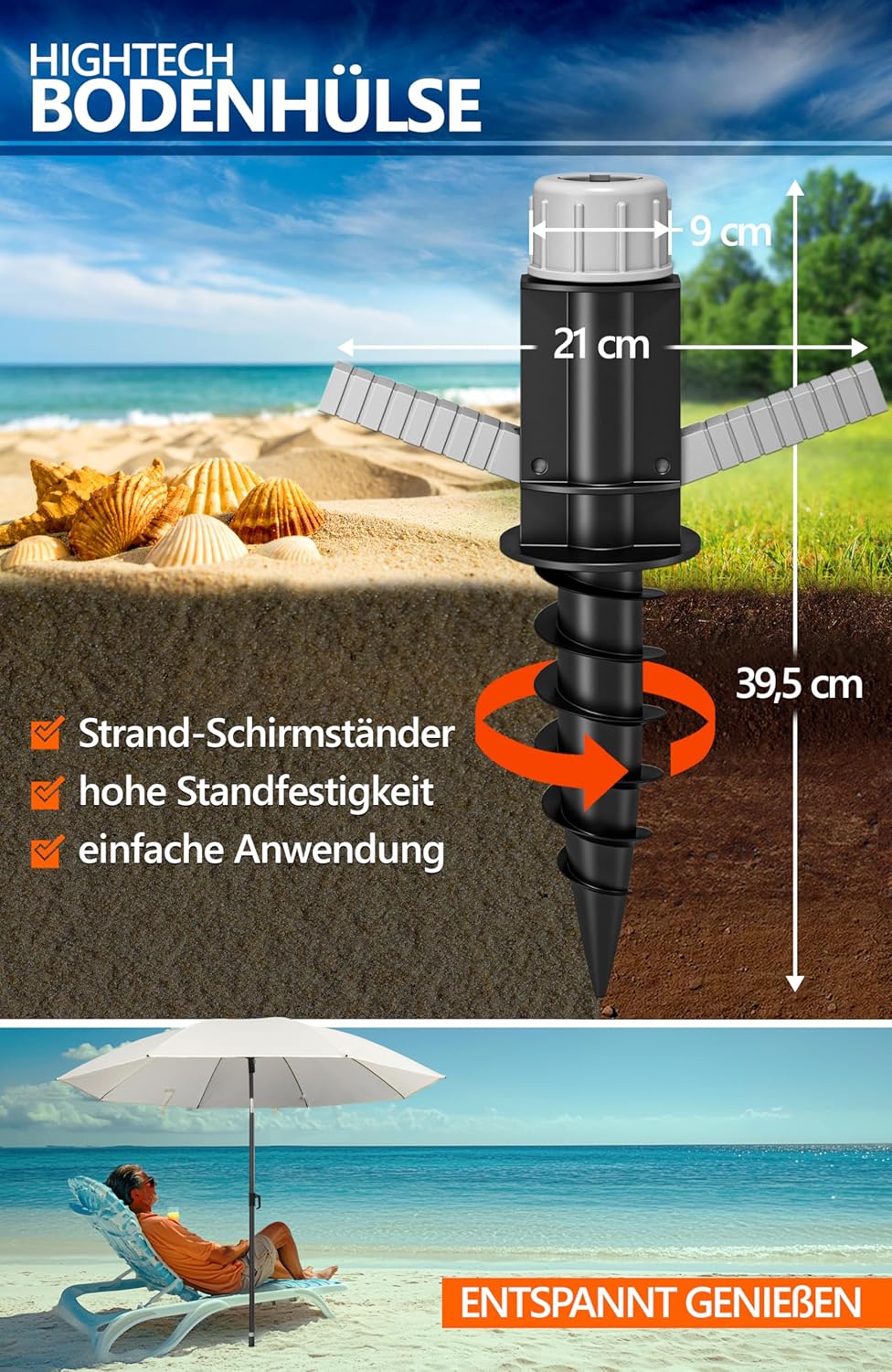 4smile Sonnenschirm Strand SunnyJoy Ø 180 cm, 3-IN-1 Set - UPF 50+ Strandschirm + Sonnenschirm Schut