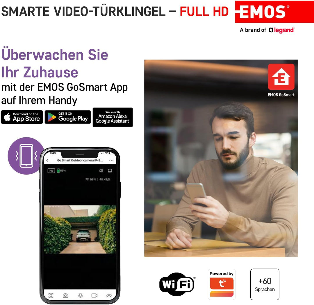 EMOS GoSmart Video-Türklingel IP-09D DC mit WiFi und App, drahtlose Smart Home Videoklingel mit 1080