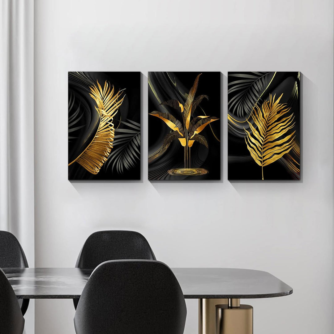 3 Teilig Goldenes Blatt Leinwandbilder Bilder Abstrakt Palmblatt Farn botanisch Blätter bild auf lei
