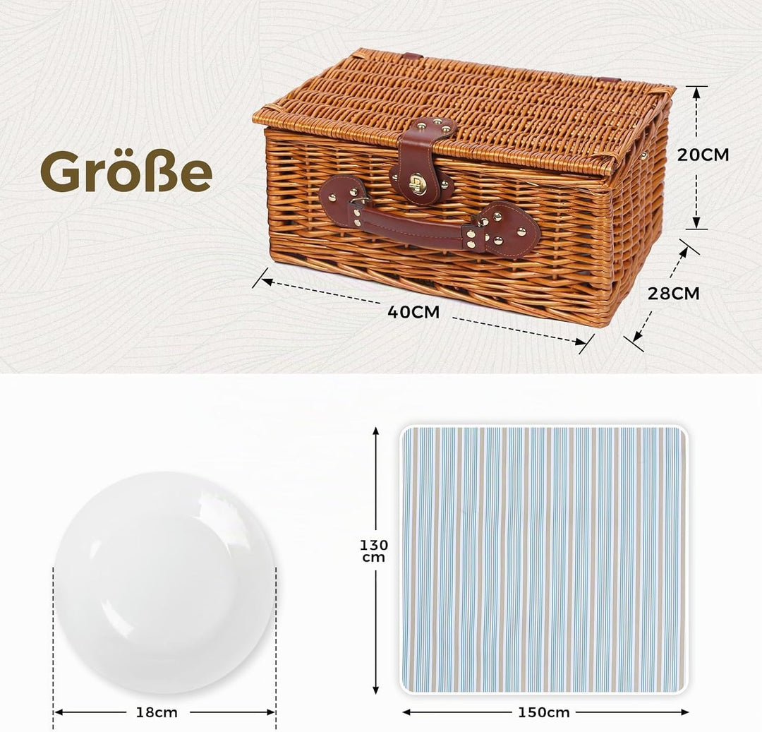 Picknickkorb Set für 4 Person mit Kühlfach und wasserdichte Picknickdecke, Abnehmbarer Riemen, Beste