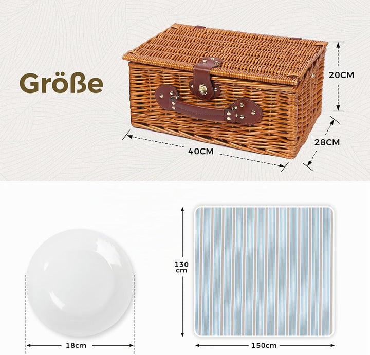 Picknickkorb Set für 4 Person mit Kühlfach und wasserdichte Picknickdecke, Abnehmbarer Riemen, Beste