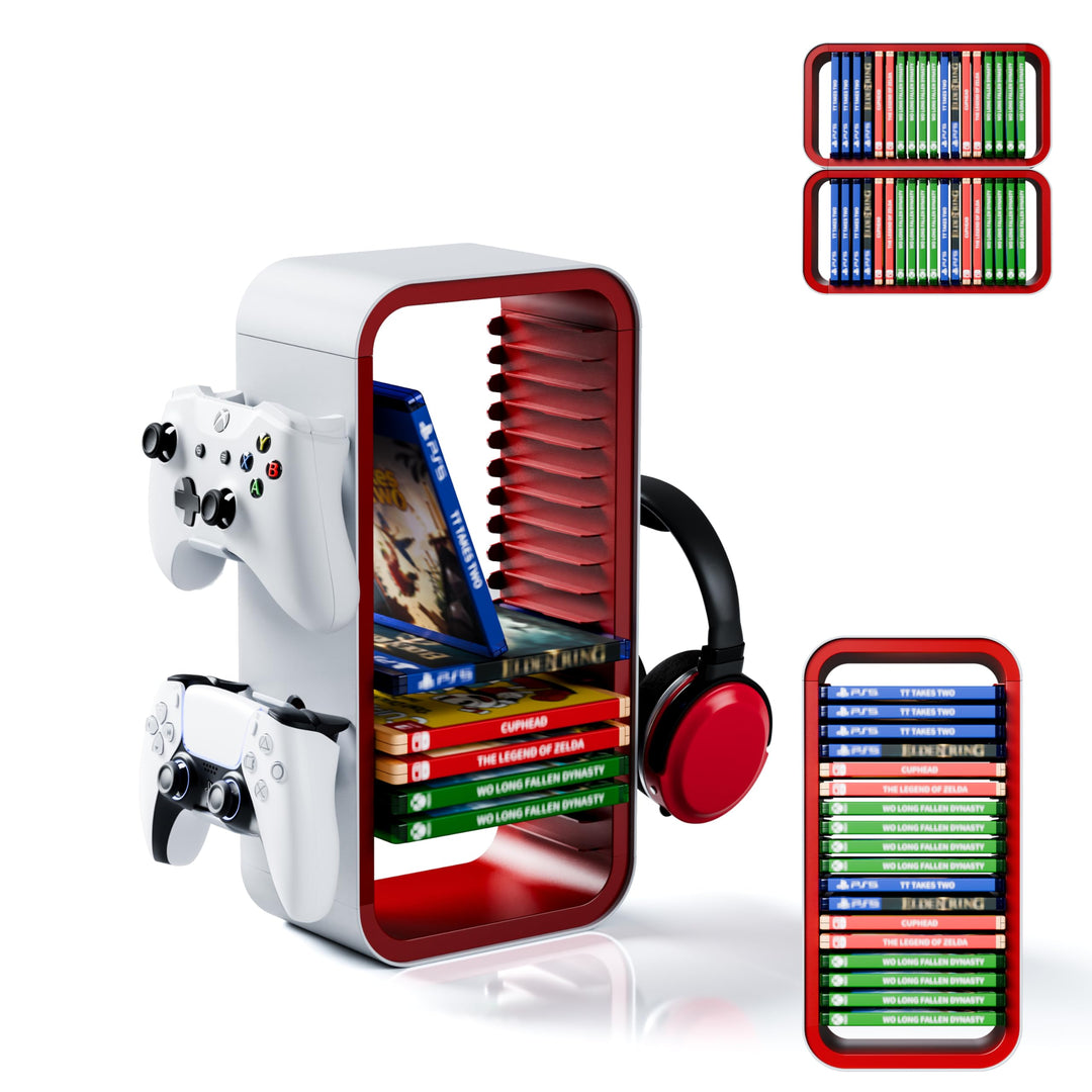 Universal Games Storage Tower Pro - Bis zu 18 Spiele - Mit Controller Halterung für bis zu 4 Gamepad