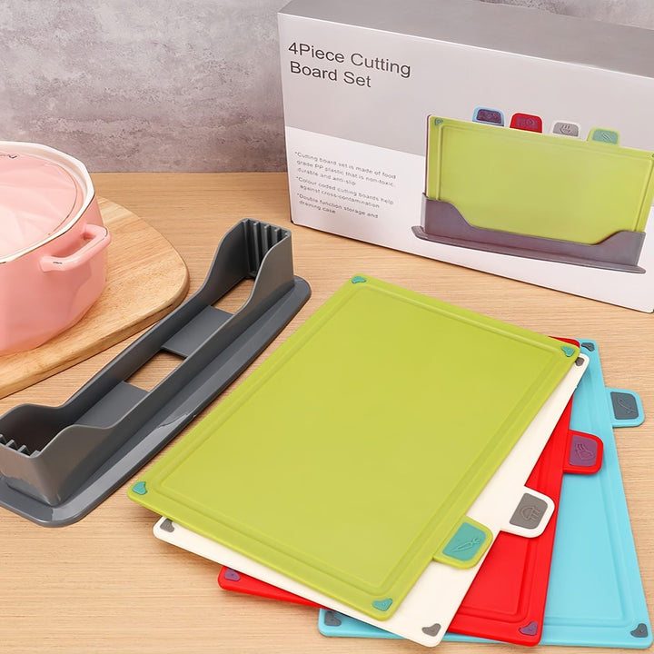 KAHEIGN 4Pcs Kunststoff Schneidebrett Set, 30 x 20CM Mehrfarbige Schneidebretter mit Ständer, BPA-fr