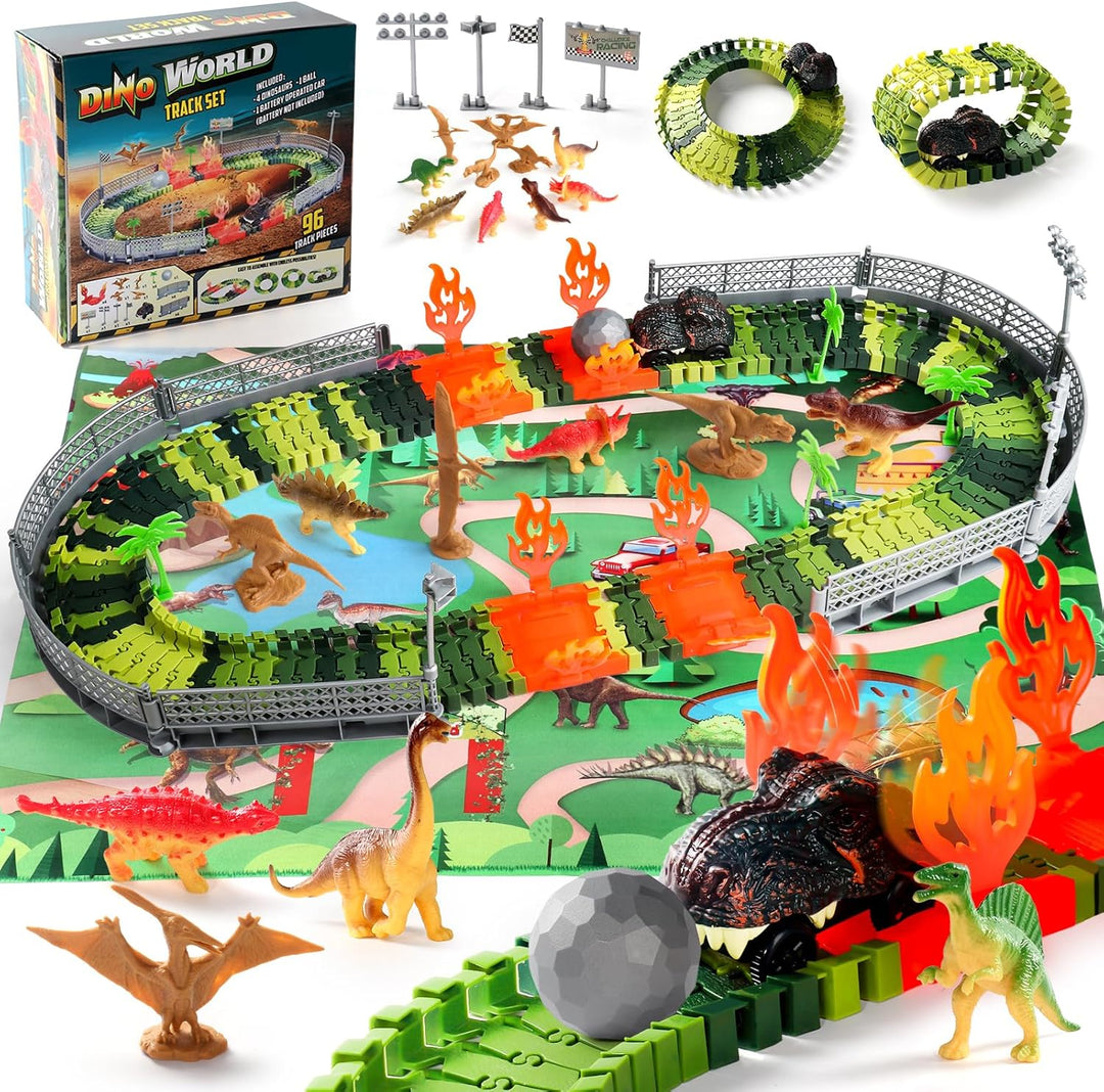 Dinosaurier Spielzeug Autorennbahn ab 3 Jahre Junge Rennbahn mit 8 Mini Dinosaurier Figuren 1 Auto D