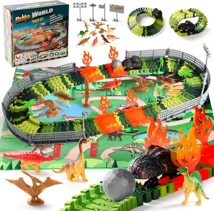 Dinosaurier Spielzeug Autorennbahn ab 3 Jahre Junge Rennbahn mit 8 Mini Dinosaurier Figuren 1 Auto D