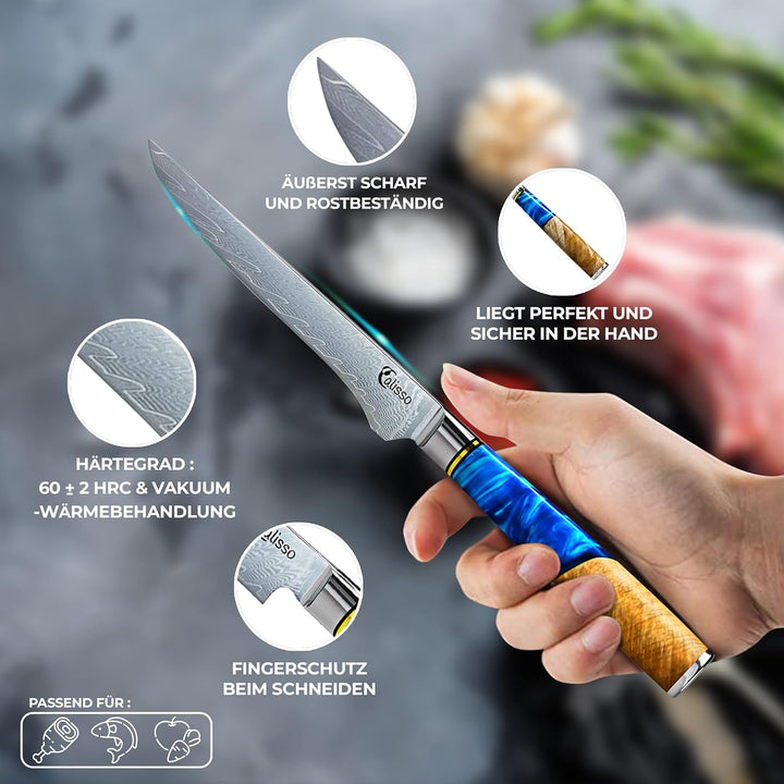 Calisso Filetiermesser 67 Lagen Damaststahl - Damastmesser, Küchenmesser, Ausbeinmesser, Messer