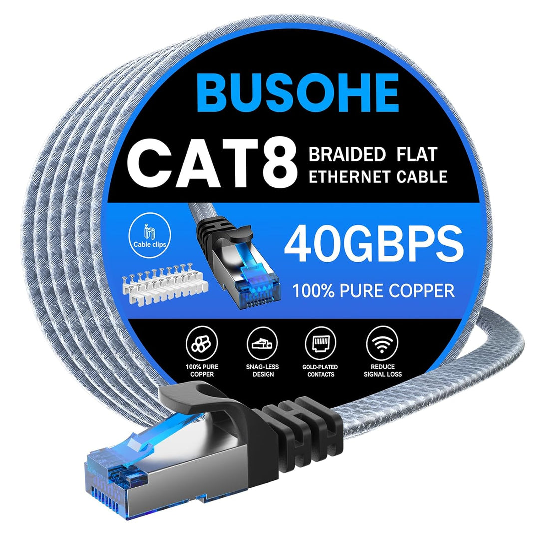 BUSOHE Cat 8 LAN Kabel 15M, 40Gbps 2000MHz Ethernet Kabel Netzwerkkabel, Flach Hochgeschwindigkeits